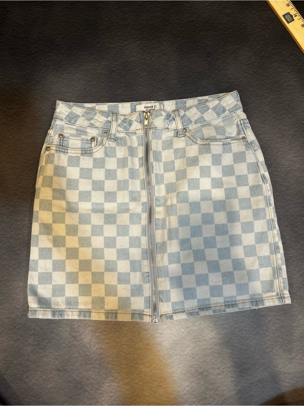 Forever 21 Blue and White Checkerboard Zip-Front Mini Skirt